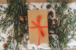 a present wrapped in brown paper with a red ribbon