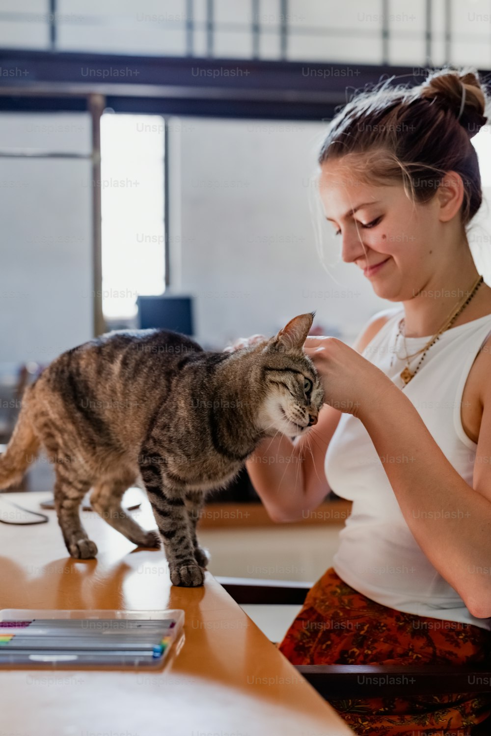 uma mulher acariciando um gato no nariz
