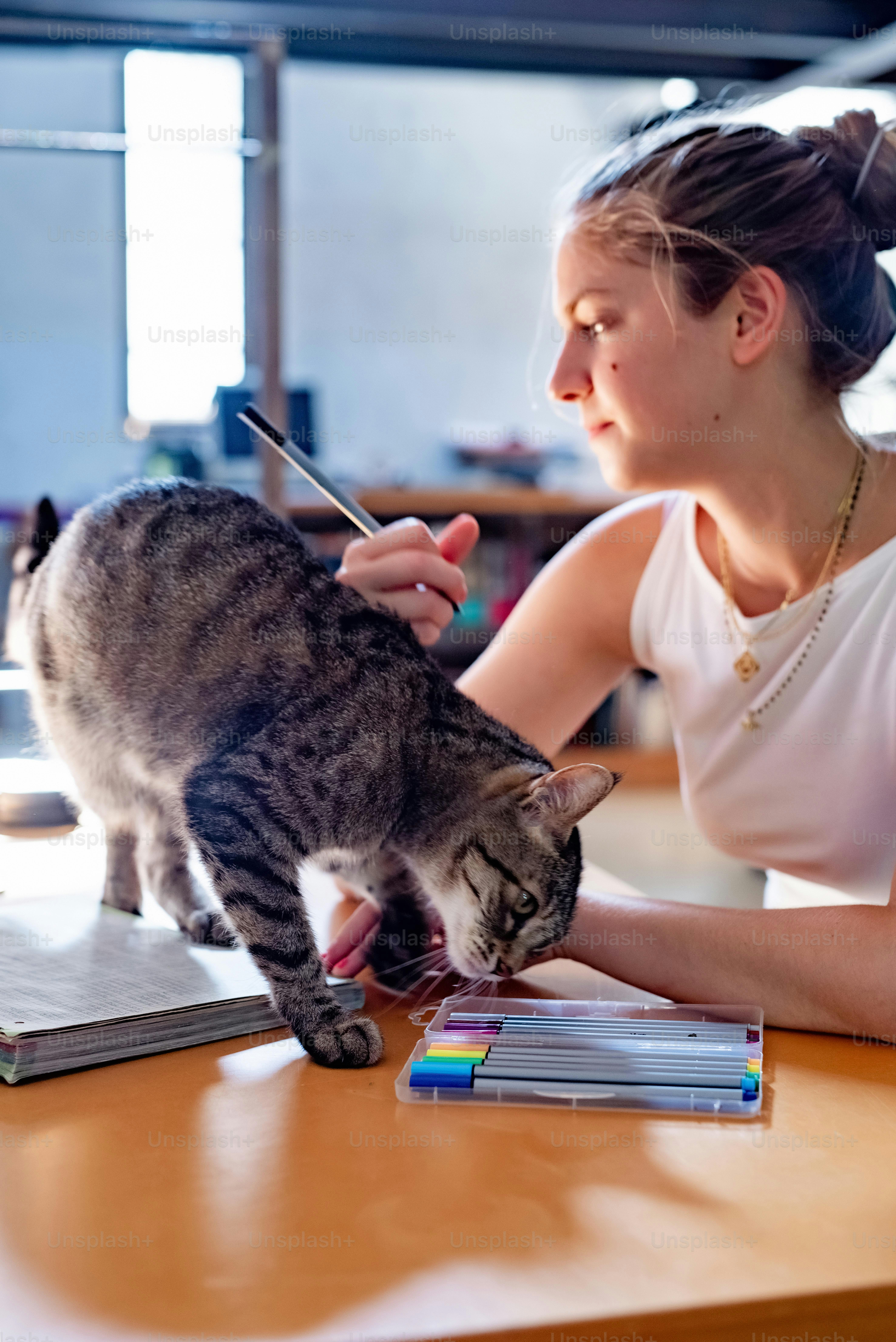 a woman sitting at a table with a cat on her lap
