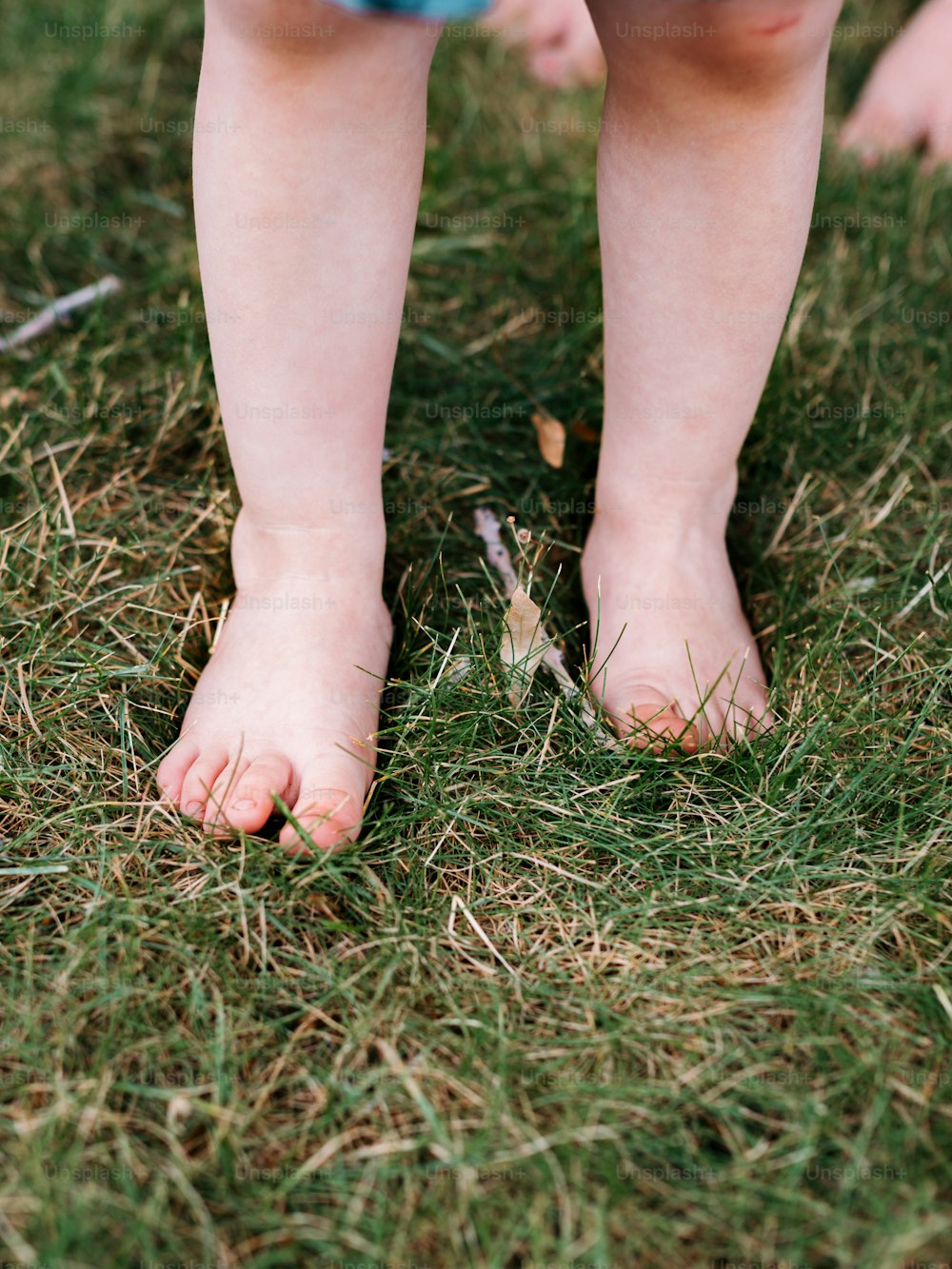 a little boy standing on top of a lush green field