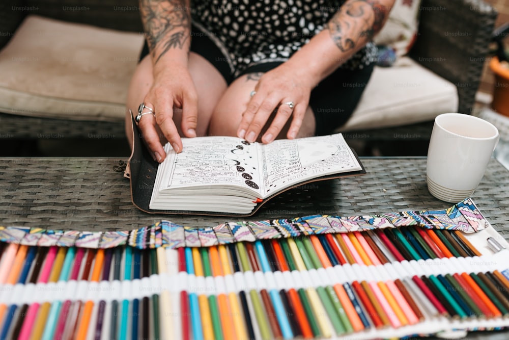 a woman sitting at a table with a book and a cup of coffee