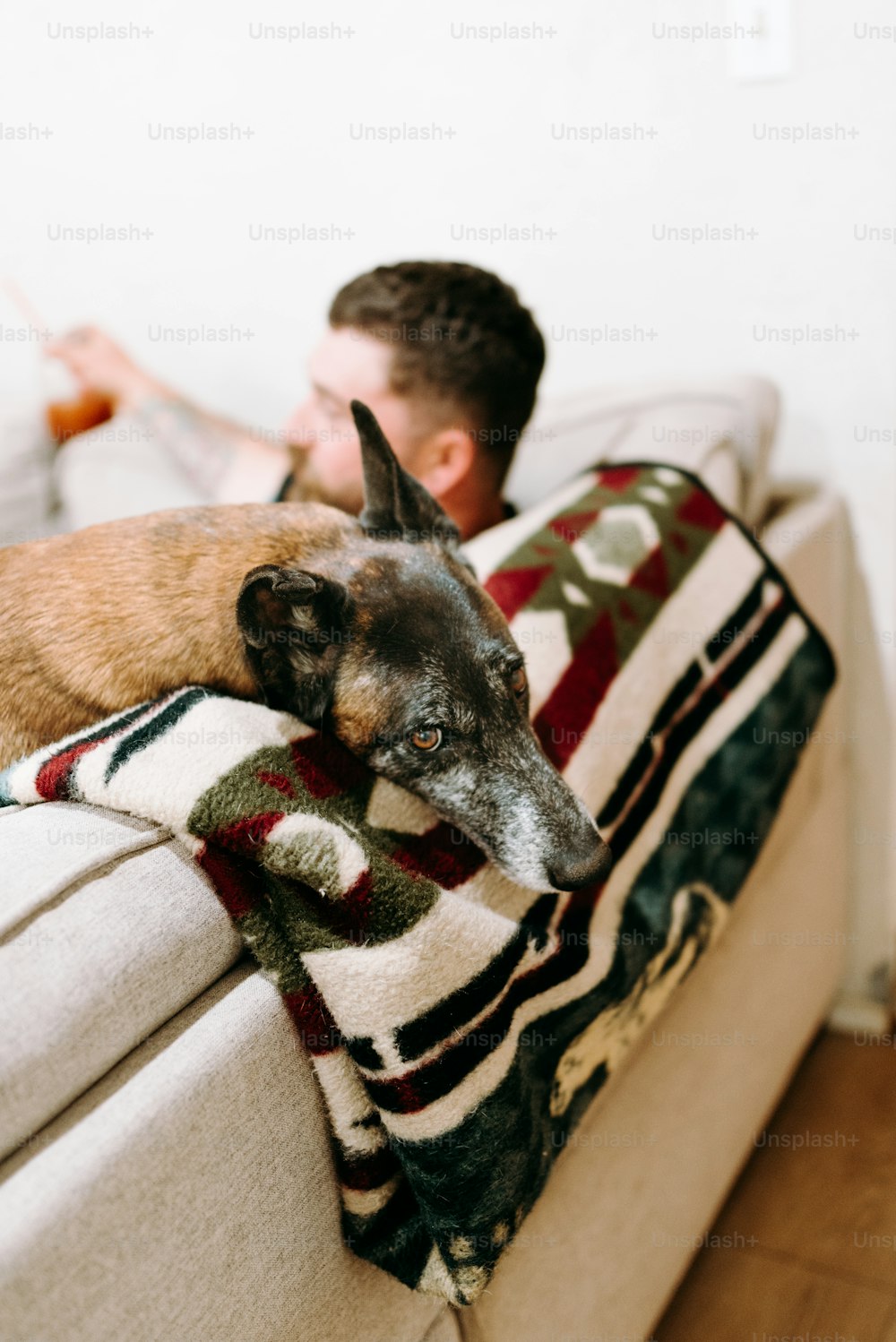 a man laying on a couch next to a dog