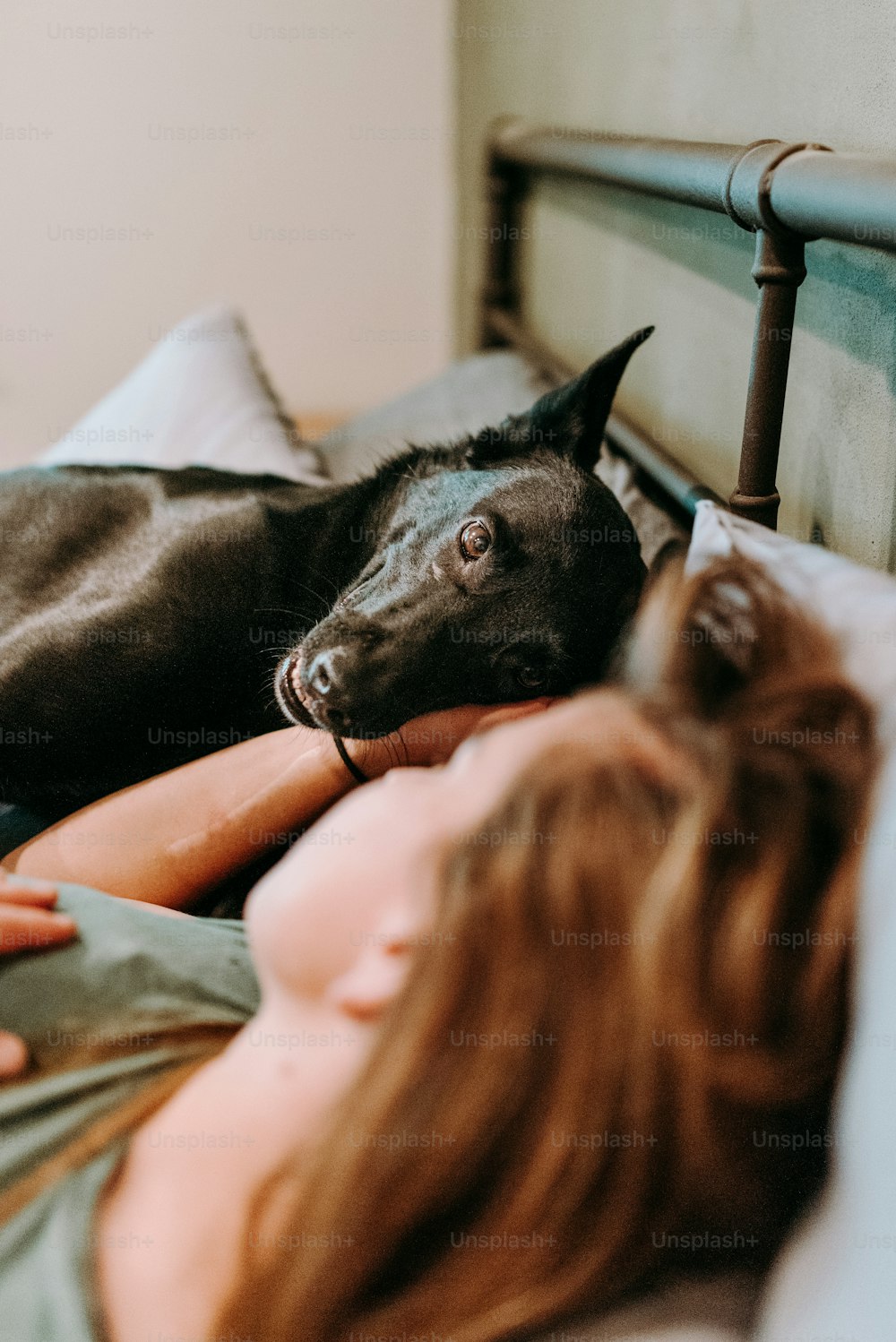 a woman laying in bed next to a dog