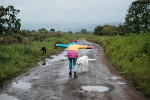 Una donna che cammina un cane lungo una strada fangosa