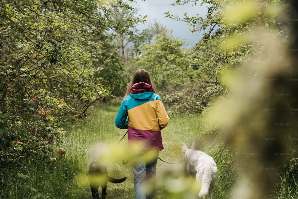 a woman walking a dog through a forest