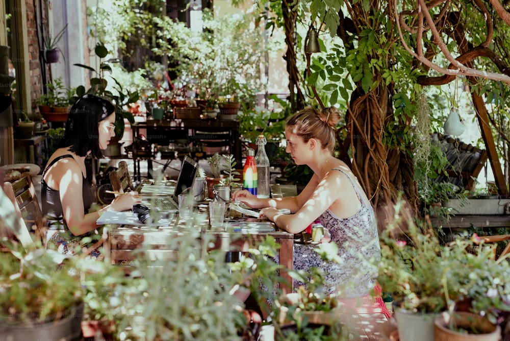 a couple of women sitting at a table in front of potted plants