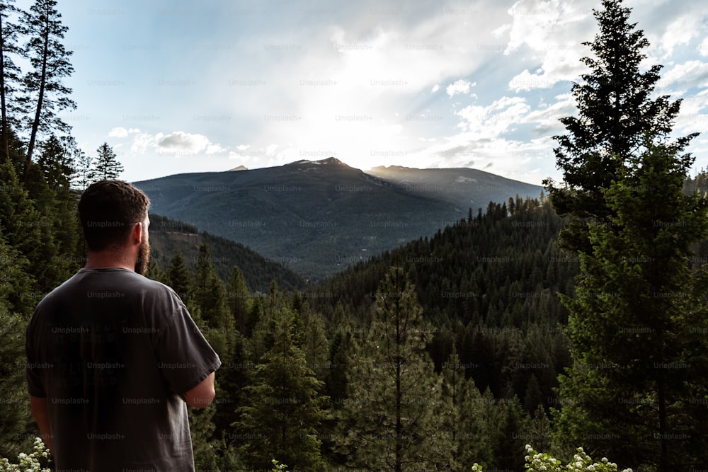 um homem parado em frente a uma floresta olhando para uma montanha