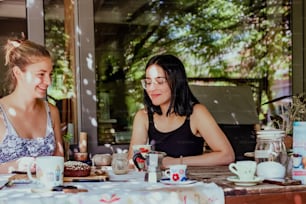 a couple of women sitting at a table with cups