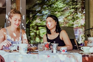 a couple of women sitting at a table with cups