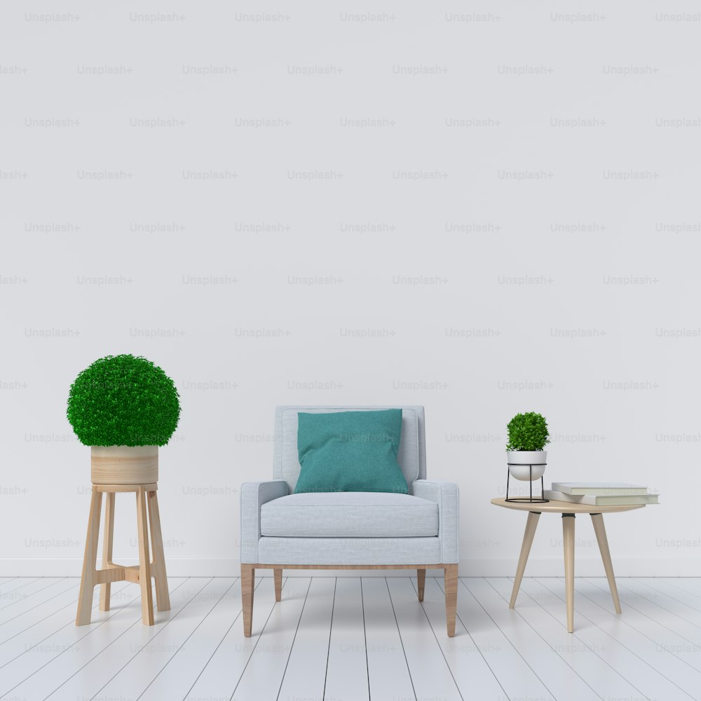 Interno del soggiorno bianco con poltrona in tessuto grigio e piante su sfondo bianco vuoto della parete.3d rendering