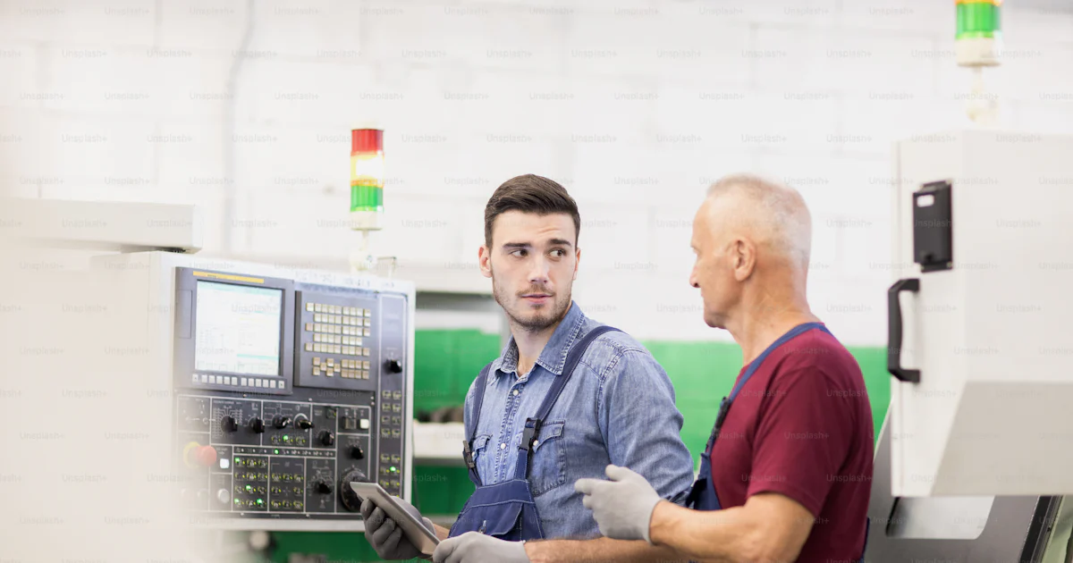 Team of machine operators standing and discussing working process and ...