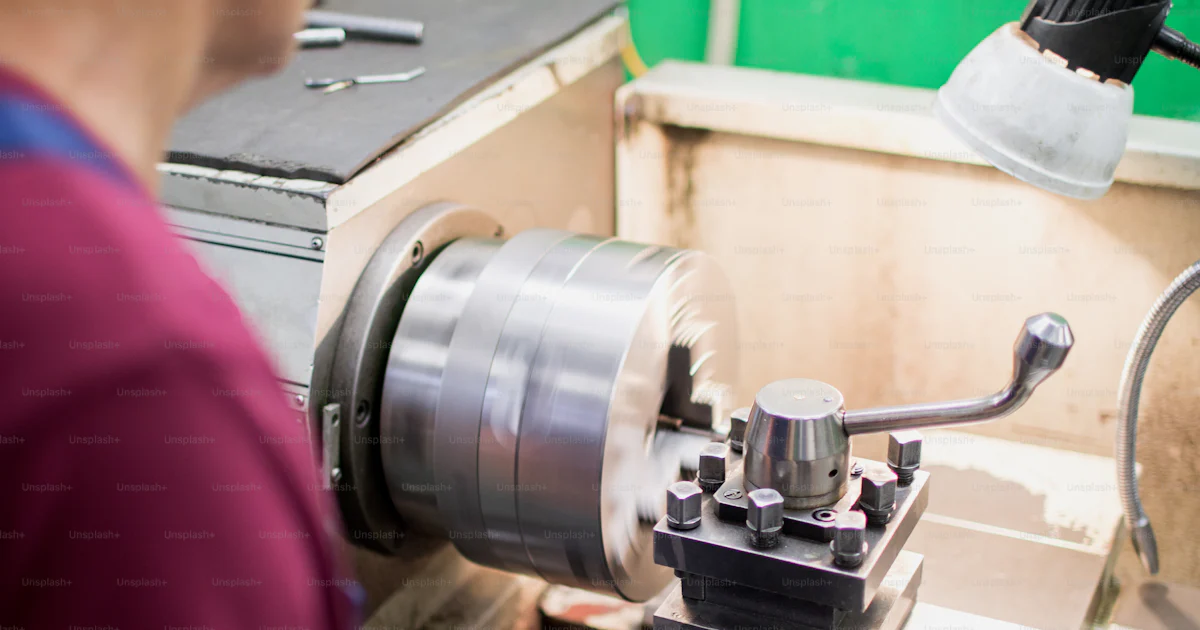 Rear view of machine operator working with lathe at production ...
