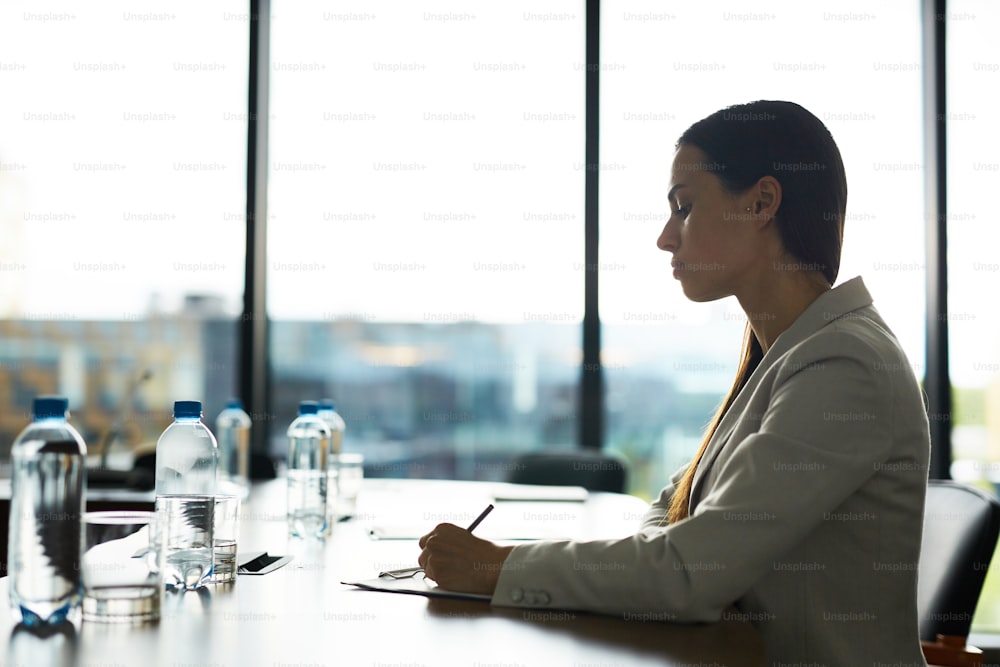 Backlit side view portrait of young successful businesswoman sitting at table in conference room and taking notes, copy space