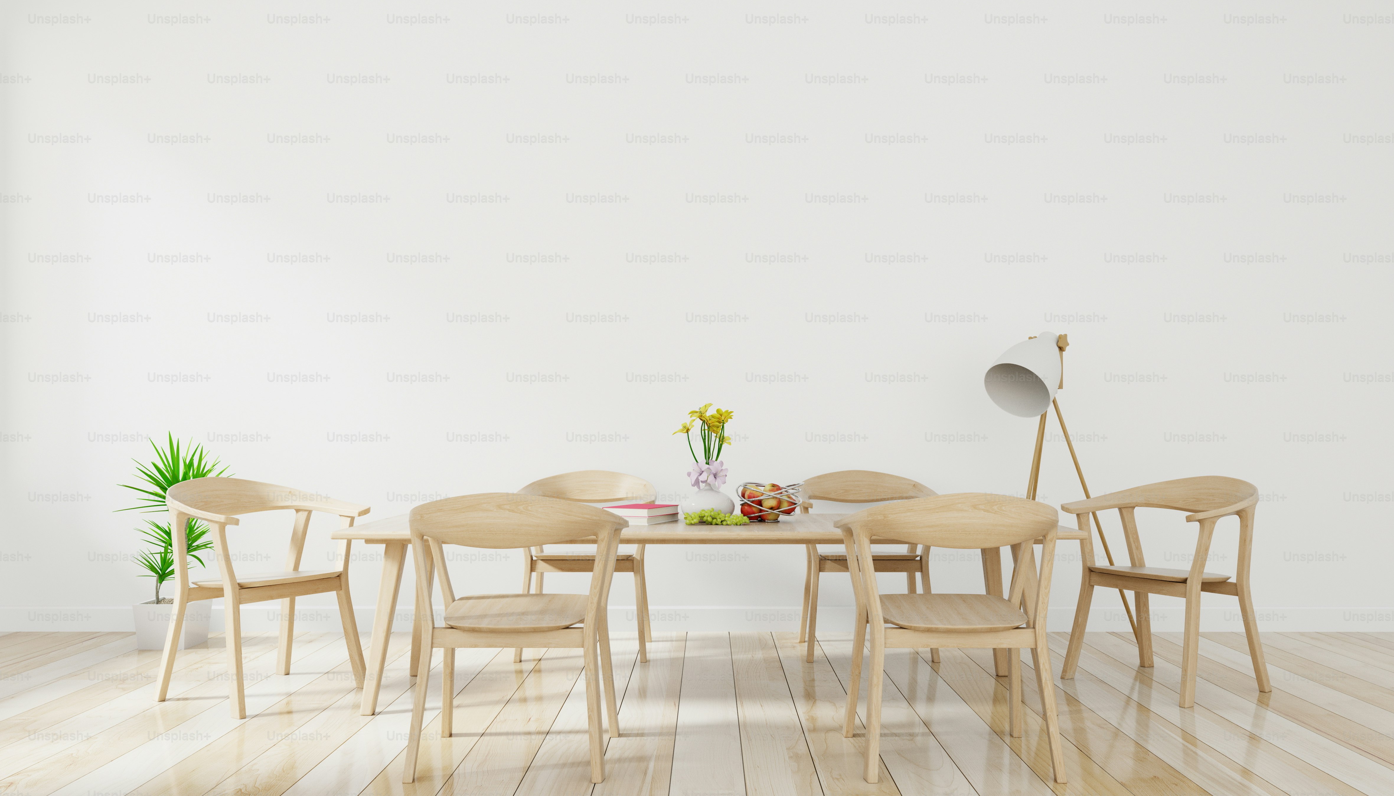 Bright spacious dining room with wooden big table and lamp with white ...