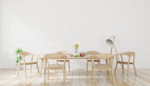 Bright spacious dining room with wooden big table and lamp with white wall background,3D rendering