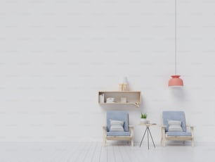 Interno del soggiorno con poltrona in velluto e lampada su sfondo bianco a parete. Rendering 3D.