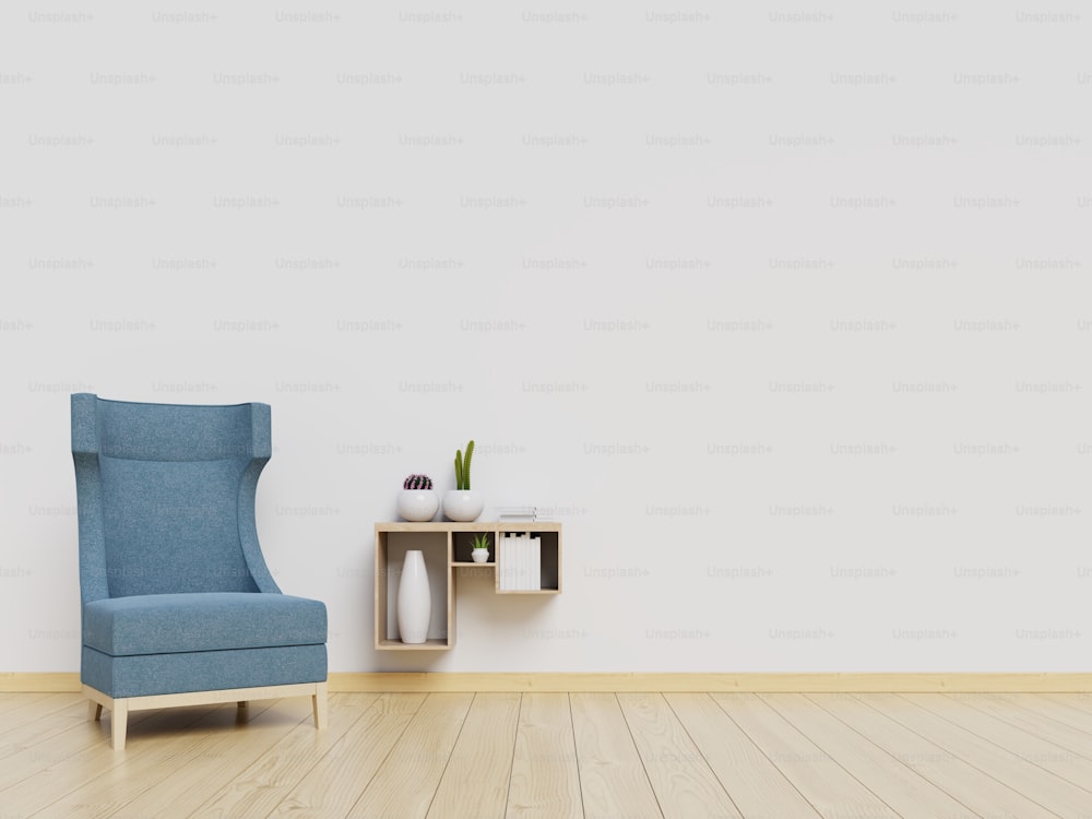 Living Room interior wall mockup with blue armchair and white wall background. 3D rendering.
