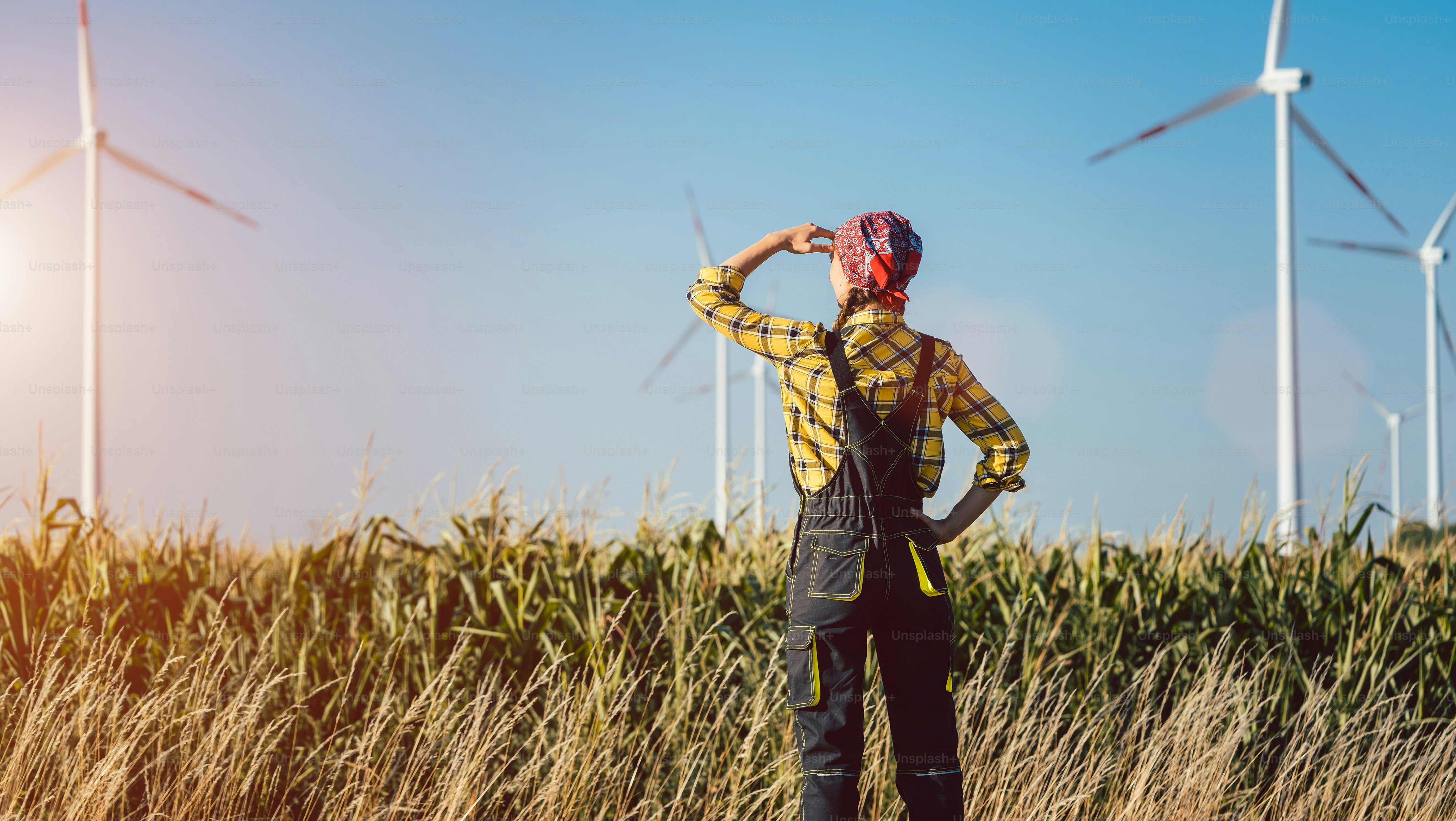 Farmer woman has invested not only in land but also wind energy watching the turbines
