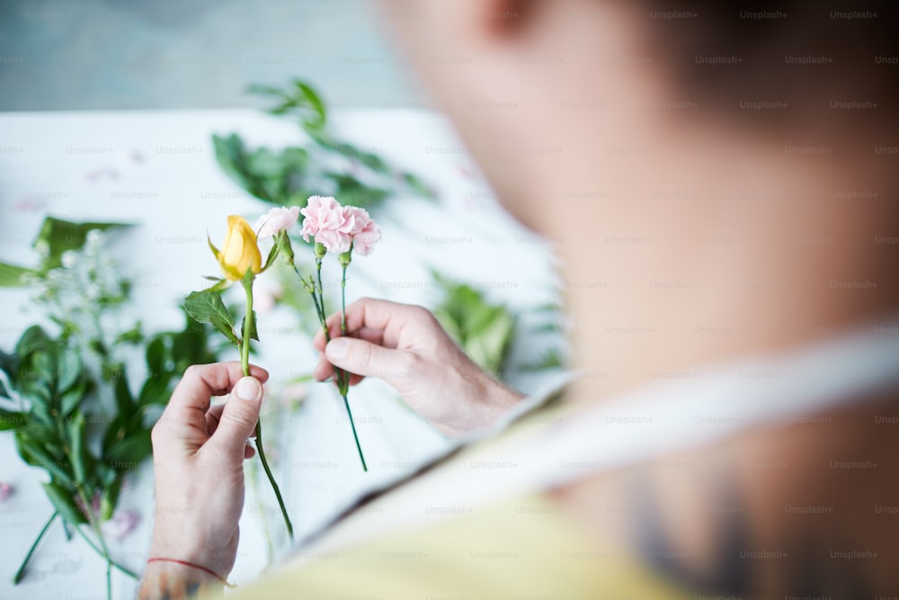 Rosa amarilla y clavel rosa pálido en manos de florista que elige flores para una nueva composición