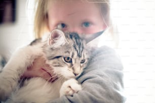 Pequena criança de cabelo loiro de etnia caucasiana abraçando seu gato com amor e ternura