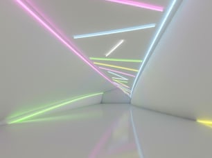 Background of an empty room with walls and neon light. Neon rays and glow. 3D rendering