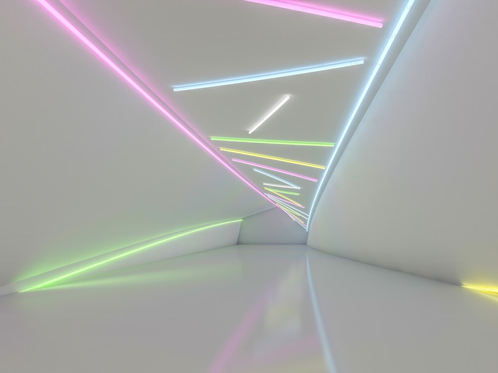 벽과 네온 불빛이 있는 빈 방의 배경. 네온 광선과 빛. 3D 렌더링
