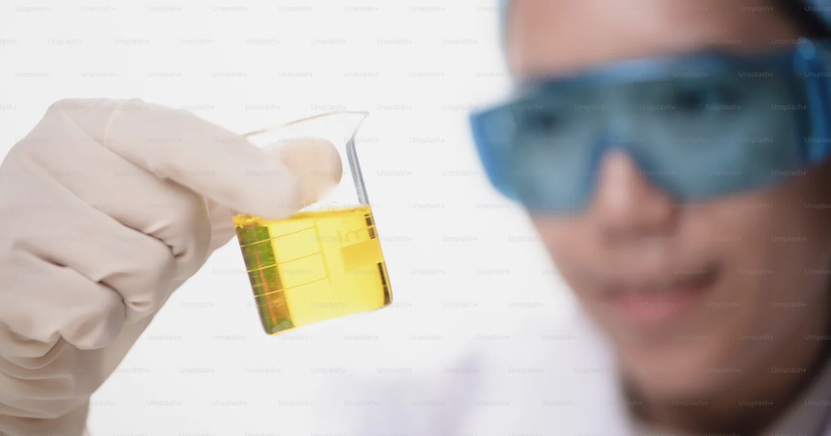 Foto Matraz cónico en mano científica con fondo de cristalería de ...