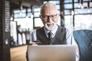 Uomo d'affari senior che utilizza l'e banking.