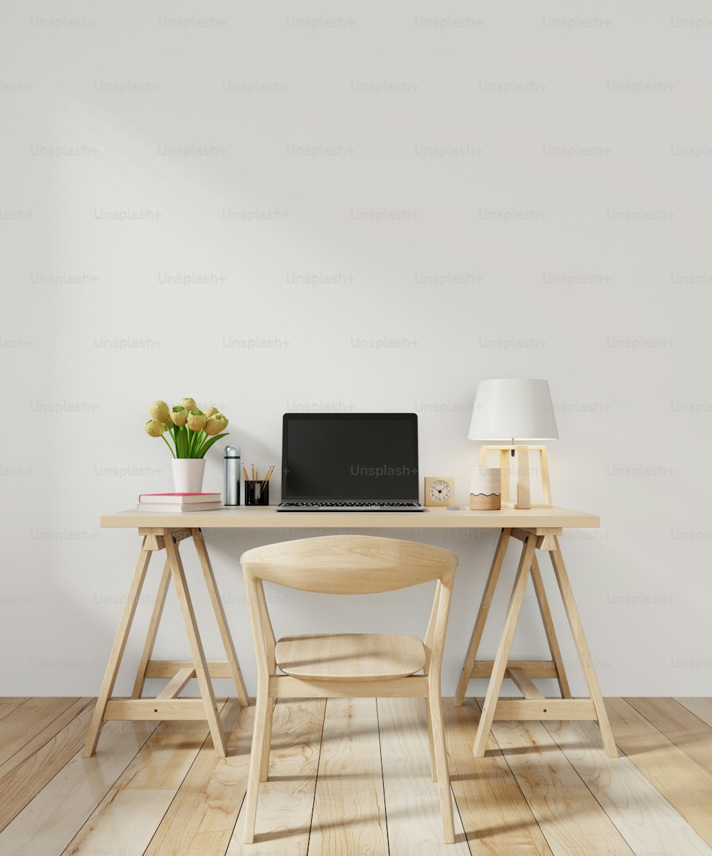 Sala de trabajo con silla en la pared, interior minimalista moderno, renderizado 3D