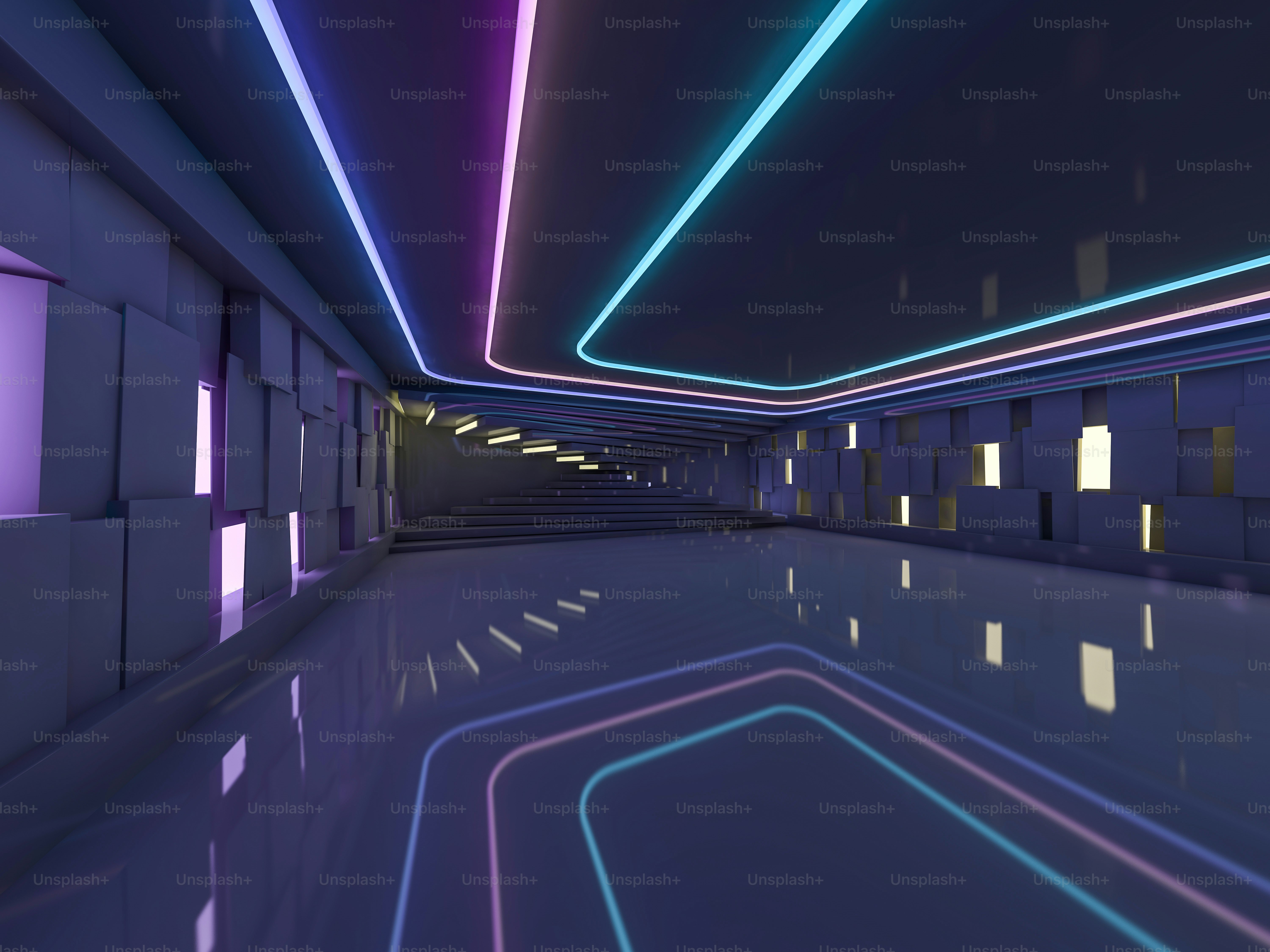 Background of an empty room with walls and neon light. Neon rays and glow. 3D rendering