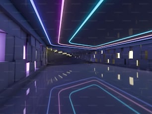 Background of an empty room with walls and neon light. Neon rays and glow. 3D rendering