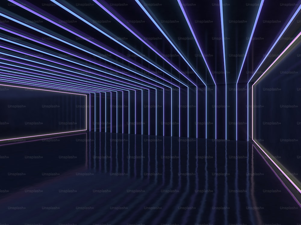 Background of an empty room with walls and neon light. Neon rays and glow. 3D rendering