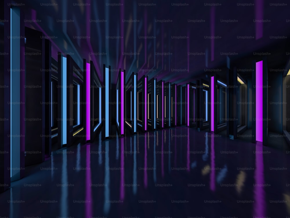 Background of an empty room with walls and neon light. Neon rays and glow. 3D rendering