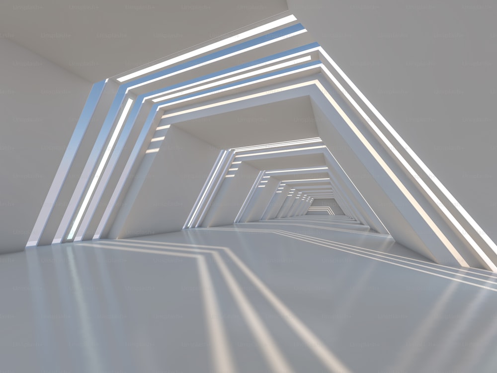 추�상적인 현대 건축 배경, 빈 열린 공간 내부. 3D 렌더링