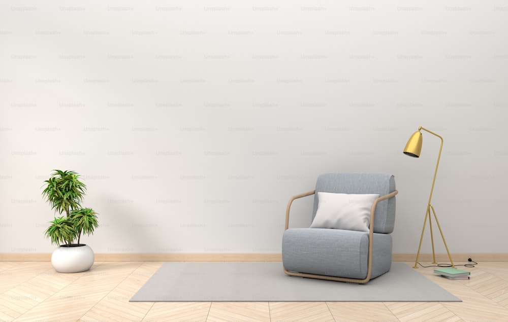 Maqueta de pared interior de la sala de estar con sillón de tela lámpara dorada y plantas sobre fondo de pared blanco vacío, renderizado 3d