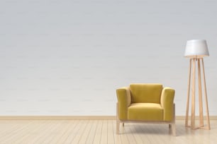 living room has a white armchair and lamp on empty white wall background,3D rendering