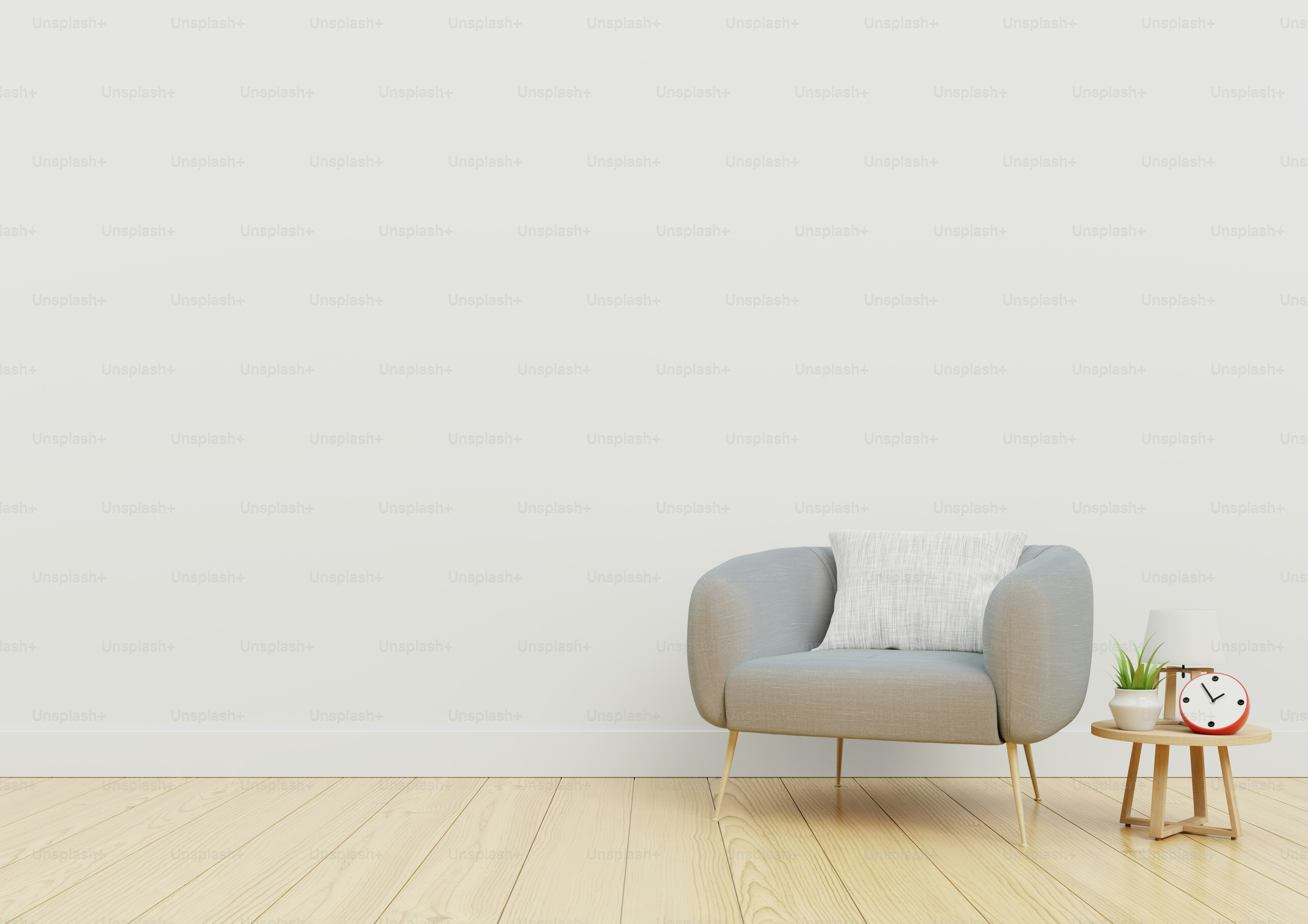 Living Room interior with velvet armchair,table on white wall background. 3D rendering.