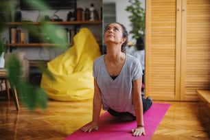 Woman doing yoga exercises on the mat. Cobra pose. Living room interior.