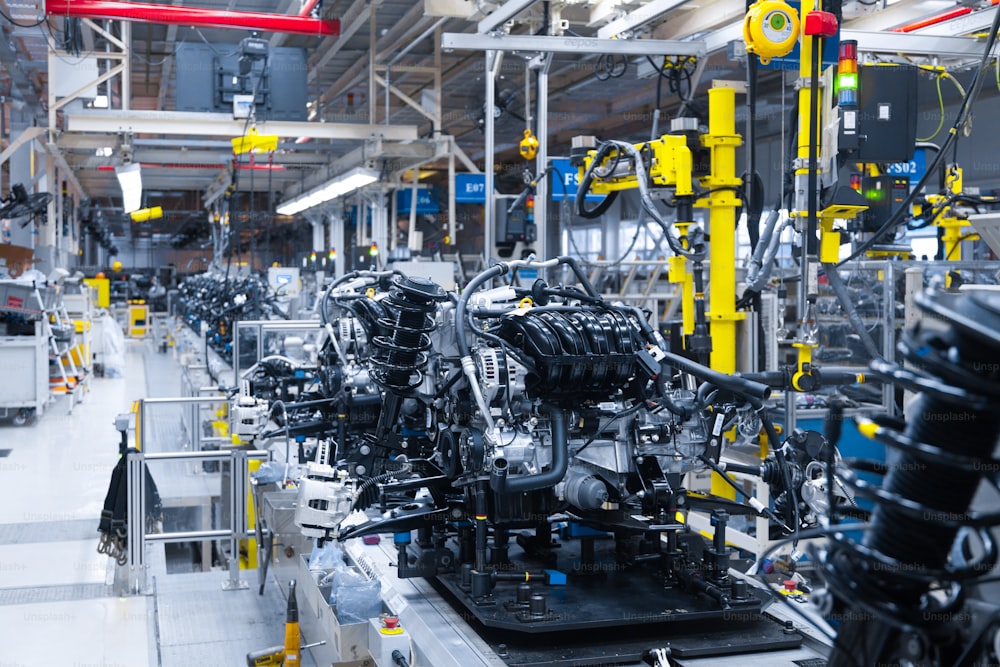 internal structure of car. Modern automobile production line, automated production equipment. Shop for Assembly of new modern cars. way of Assembly of the car on Assembly line at plant