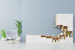 Schrank-TV mit Sessel im modernen Wohnzimmer auf blauem Wandhintergrund, 3D-Rendering