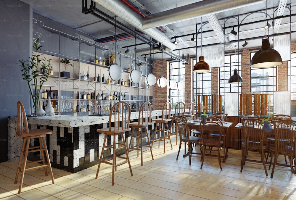 Diseño interior de restaurantes modernos. Concepto de renderizado 3D