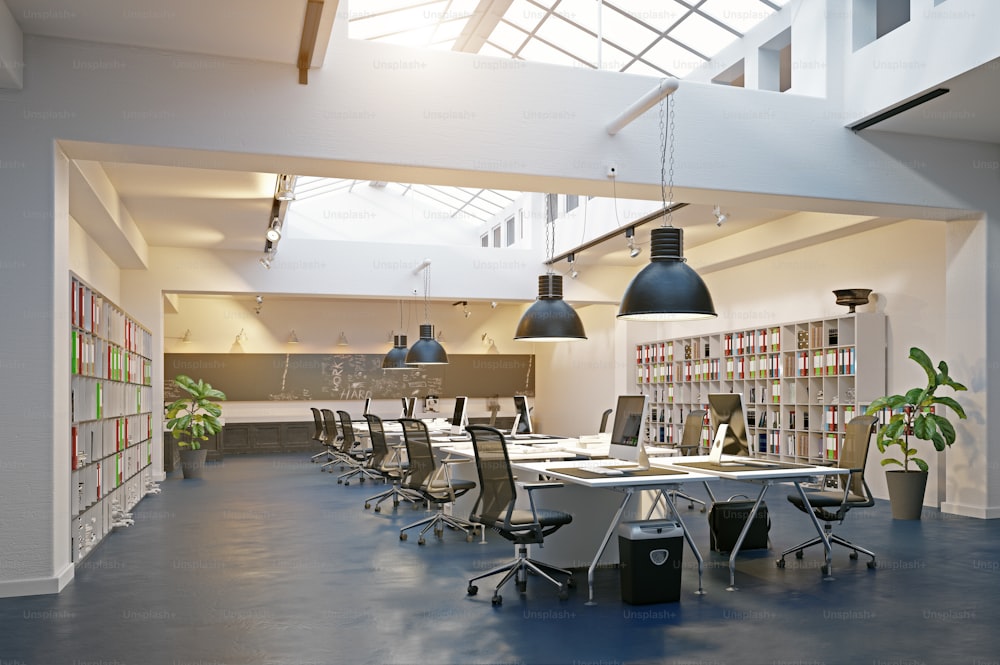 Moderno interior de oficinas de la zona loft. Concepto de diseño de renderizado 3D