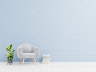 Interno del soggiorno con poltrona in velluto con libri su sfondo blu della parete. Rendering 3D.