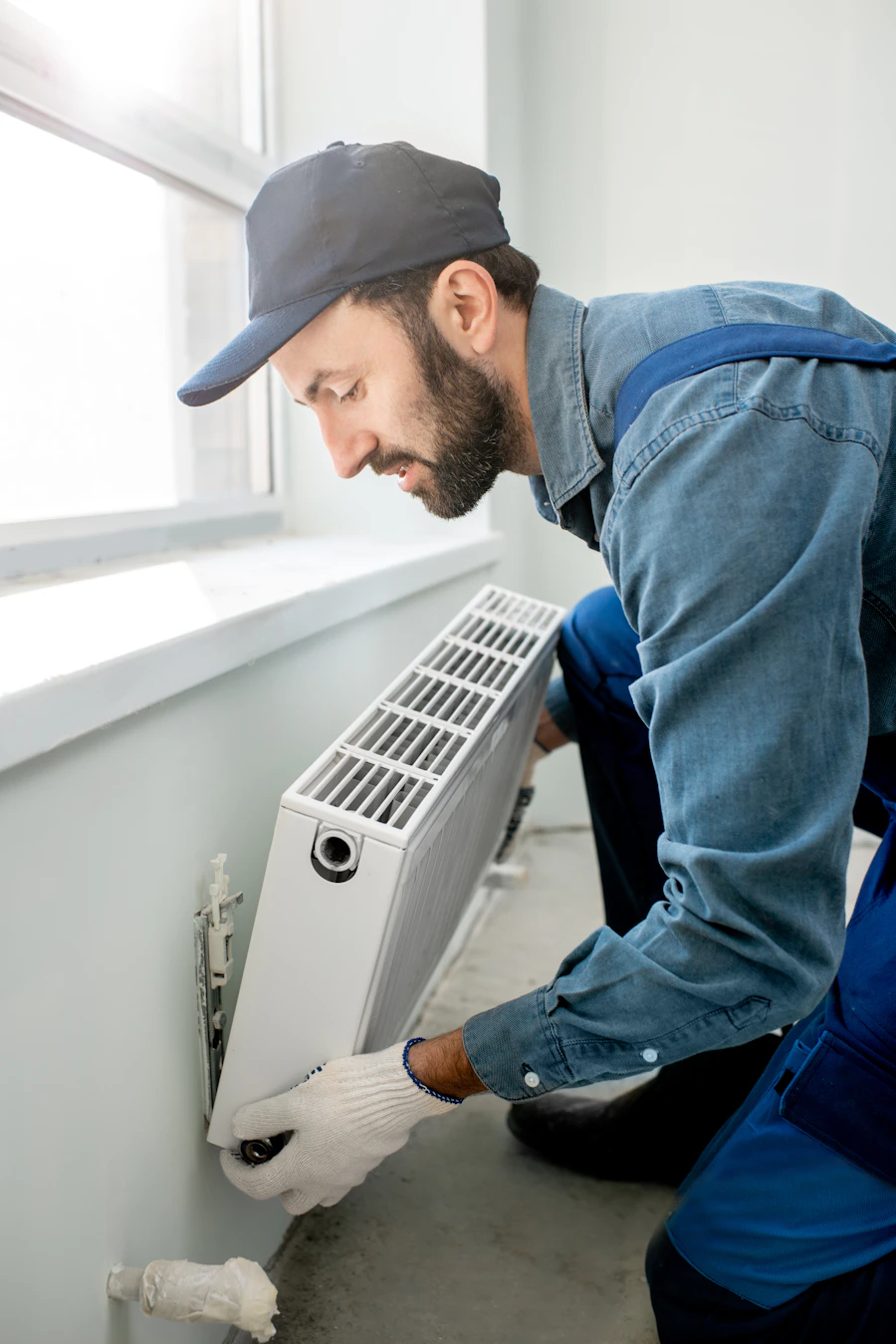 Installer mounting a heating radiator beside a sunlit living-room window.