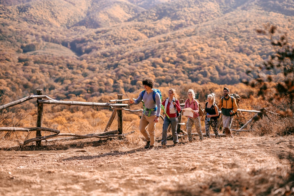 Hikers climbing the hill. They walking in the row. In background forest. Autumn season, adventure concept.