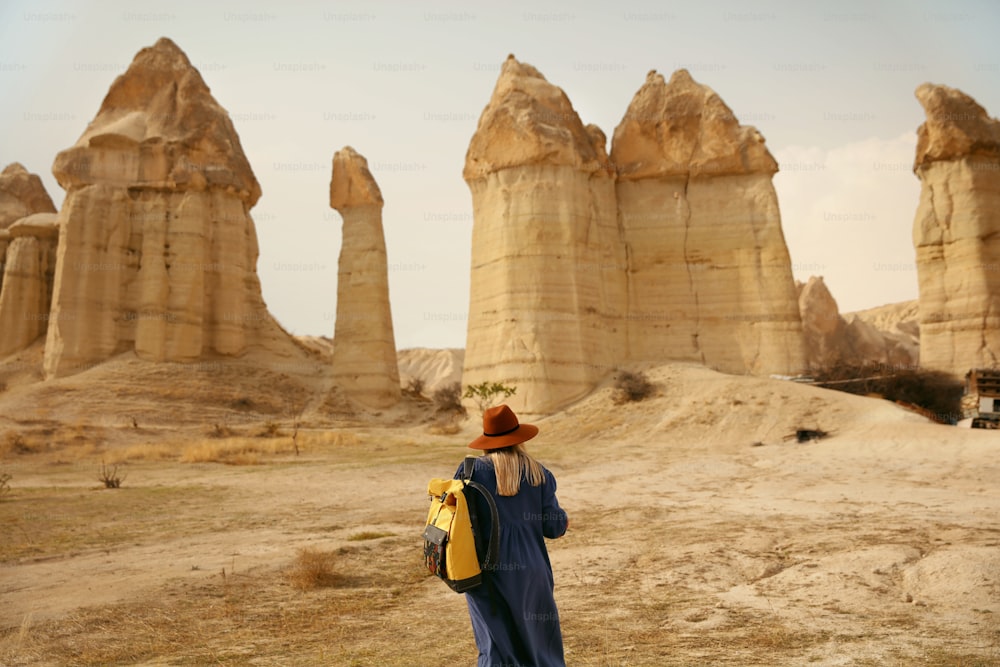 Viaggio. Donna in viaggio a Stone Valley, paesaggio di Love Valley, famoso punto di riferimento della Turchia. Alta risoluzione