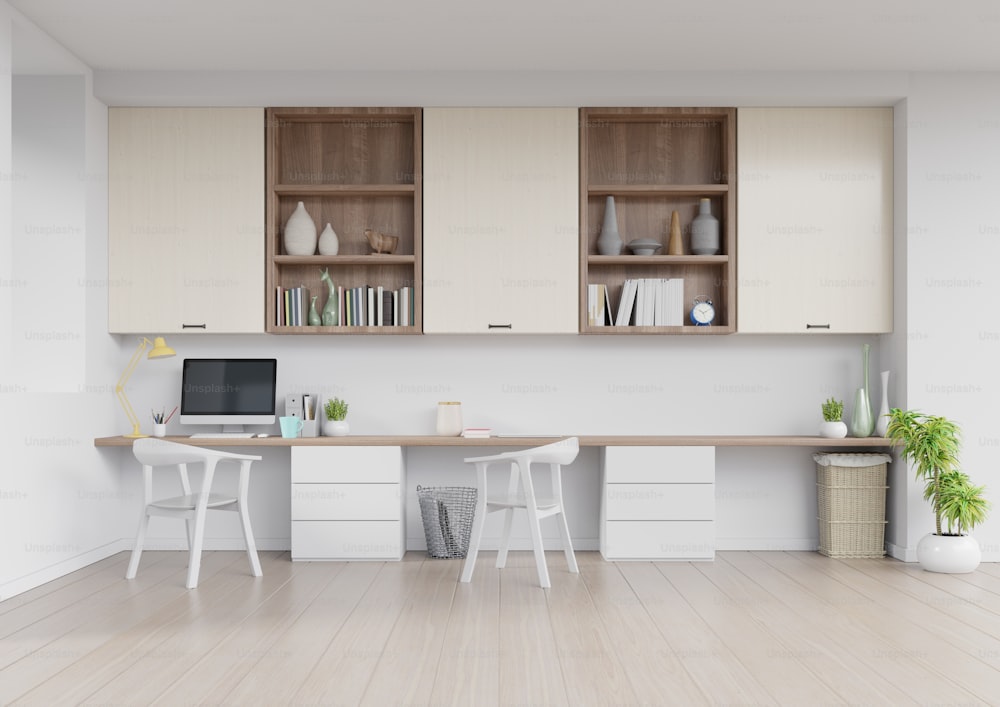 Vista frontal de un interior de trabajo con una habitación vacía de pared blanca, diseño minimalista, renderizado 3D