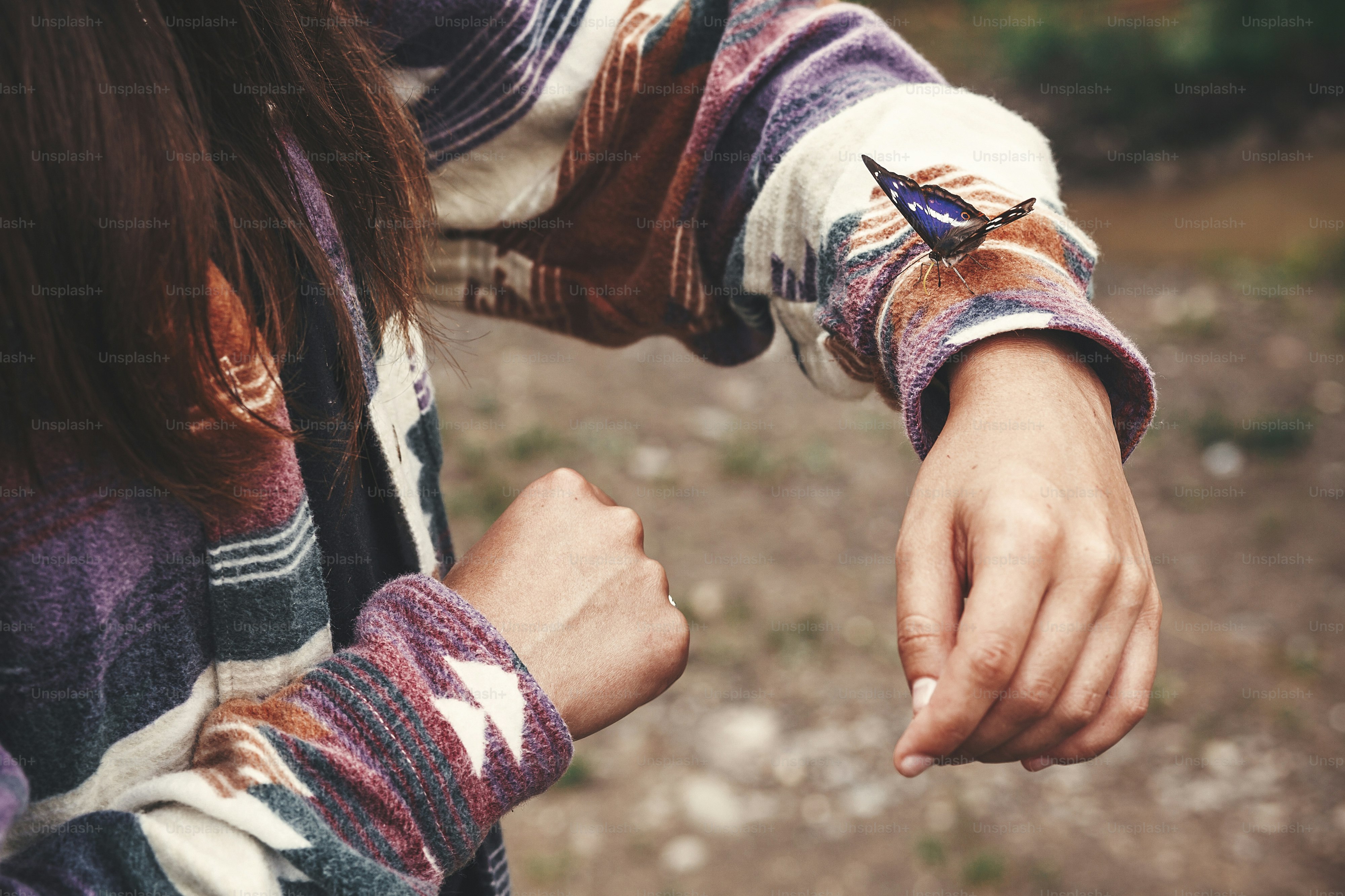 Purple Emperor butterfly on hand of girl in summer mountains. Apatura Iris. Young woman traveler with butterfly, exploring wildlife outdoors. Save environment