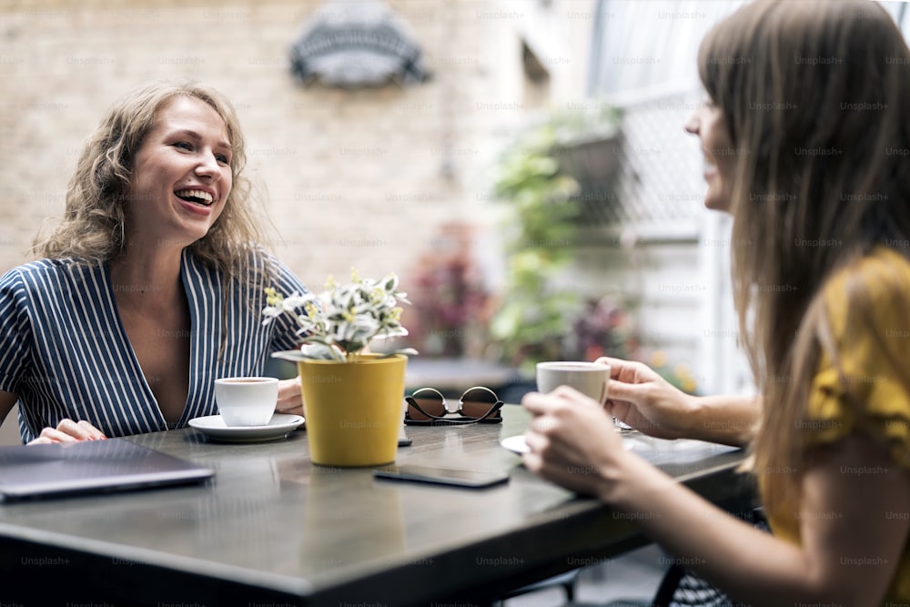 Stylish young women having friendly meeting with cups of coffee while sitting at table and chatting
