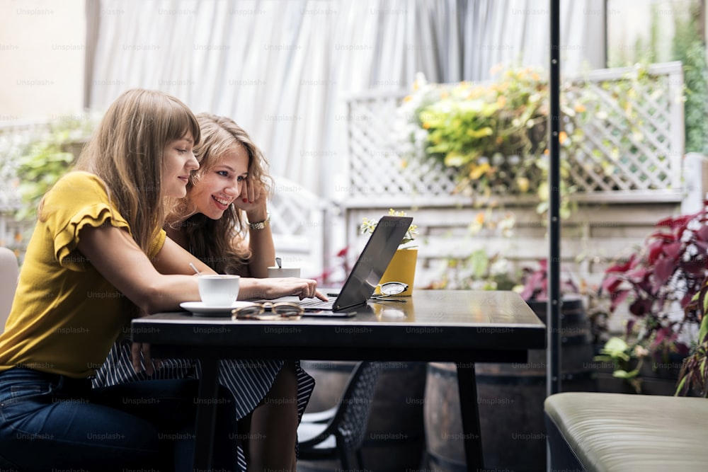 Stylish young women having friendly meeting with cups of coffee while using the laptop